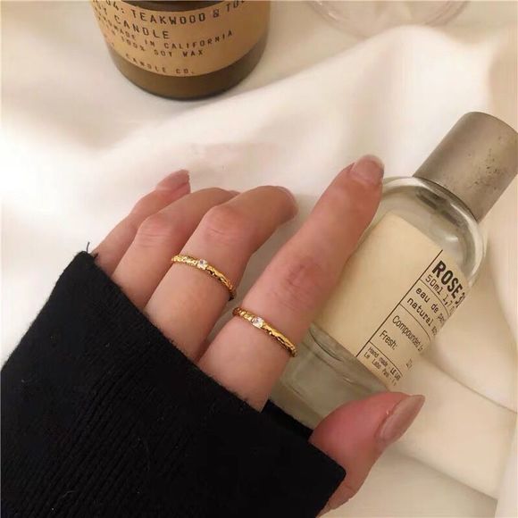 18K Gold Plated Hand Hammered Dainty Minimalistic Solitaire Band Ring - Picture 6 of 6